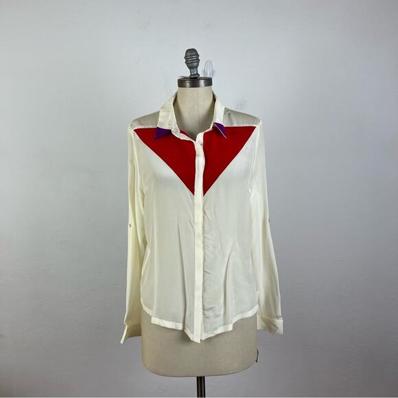 Line & Dot Silk Color Block Button Down - Picture 1 of 8
